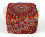 CRAFT KALA Large Hippie Mandala Meditation Floor Ottoman Pillow Cushion Pouf Cover Square Poufs Cover Bohemian Circle Floor Cushion Case Outdoor Fireplace Living Room Decor 18X18X14 inches, Red Mirchi