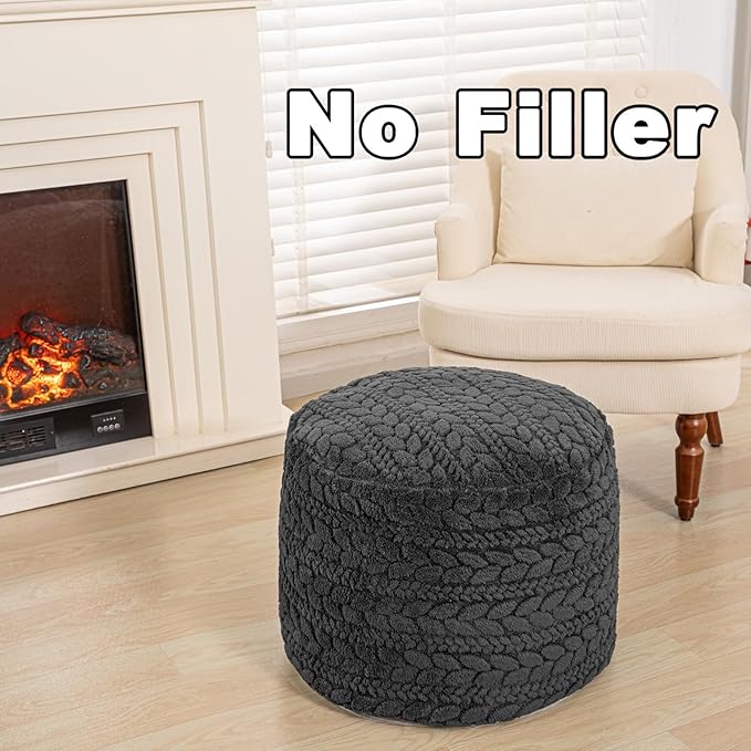 Unstuffed Ottoman Pouf Cover – Round Faux Fur Footstool Plush Floor Pouf (No Filler Included) Perfect for Living Room, Bedroom, or Office Lounge (Gray, 20x20x15 in)