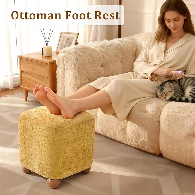 Cube Pouf Ottoman with Wooden Leg,Chenille Fabric Vanity Stool-Upholstered Floor Chair,Square Footstool Pouf with Acacia Wood Frame(500Lbs),Small Coffee Table Ottoman for Living Room