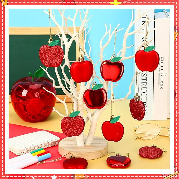 JULMELON 24Pcs Back to School Ornaments, A-pples Tree Decorations Red Shiny Matte Glitter Apples Hanging Ornaments with Rope for First Day of School Party Birthday Classroom Supply Decorations