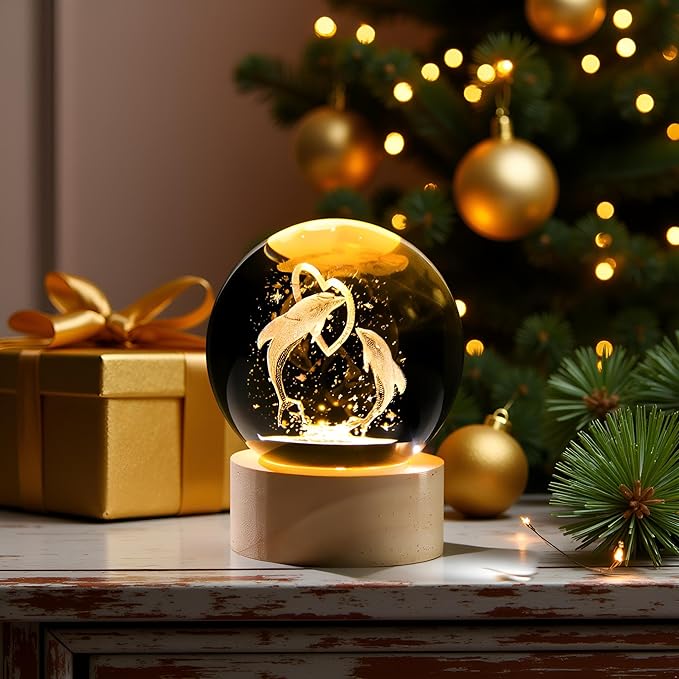 Dolphin Gifts for Women Men 3D Dolphins Crystal Ball with Wooden Light Base Glass Dolphin Statue Lamp Decor for Women Lovers for Christmas Valentines Birthday (Diameter 2.36 inches)
