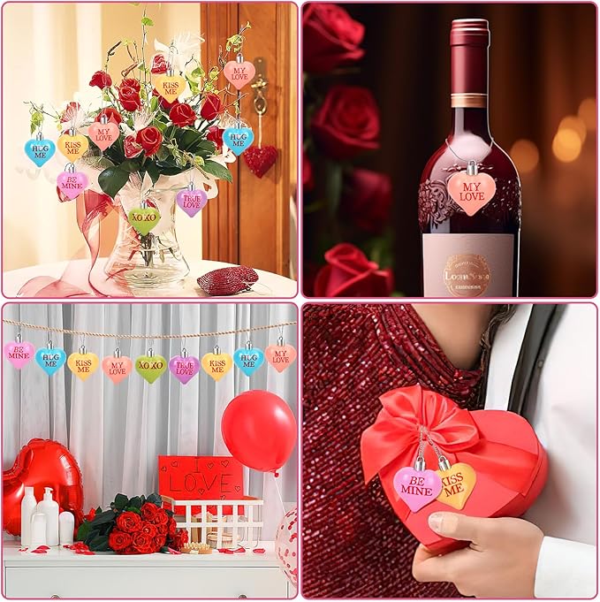 JULMELON Valentine's Day Conversation Hearts Candy Ornaments, 24 Pcs Colorful Heart Decorations for Tree Home Party Holiday Wedding and Party Decoration