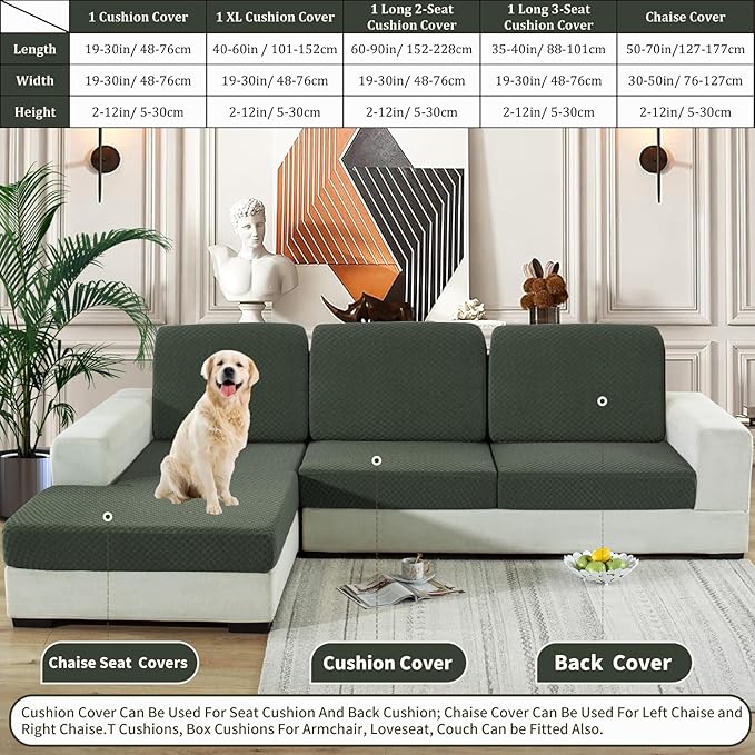 YEMYHOM Stretch Individual Cushion Covers Sofa Chair Seat Cushion Slipcovers Soft Couch Cover Replacement Large Checkered Furniture Protector with Elastic Bottom (1 Pc Cushion Cover, Army Green)
