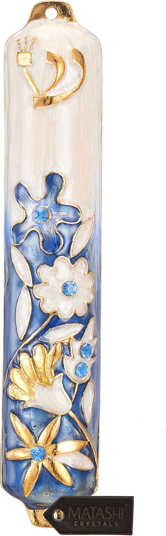 Matashi Hand Painted Blue and Ivory Enamel Flower Mezuzah Embellished with Gold Accents and Crystals Home Door Wall Decor Housewarming Present Gift for Festival(5.5 inch)
