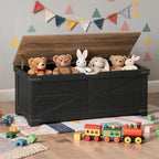 Large Toy Chest, 47.2" Wooden Toy Box with 2 Safety Hinges, Farmhouse Style Storage Bench, Blanket Storage Chest for Living Room, Entryway, Bedroom, Black+Walnut SCHZ18601