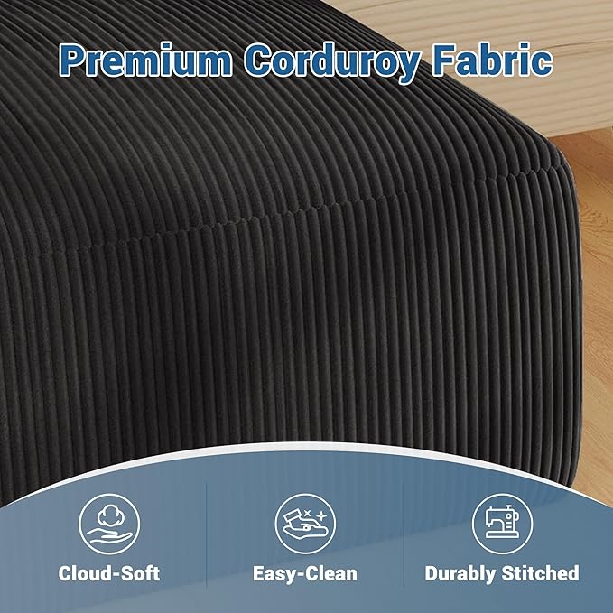 40" Square Stuffed Ottoman Pouf for Sofa Couch, Corduroy Poufs with Foam Chunk Filling, Furry & Fluffy Pouf Footstool Movable Ottoman. 40*31 Floor Poufs Foot Rest for Living Room, Black(2 Piece Set)