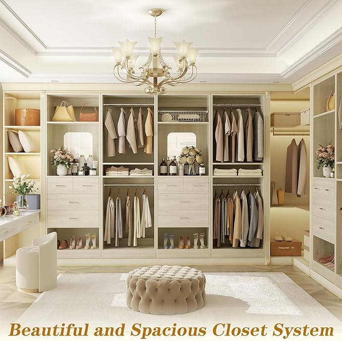 Unikito 100” Closet System with Drawers, 8.3FT Wood Closet Organizer with Hanging Rods and Mirror Design, Reversible Large Walk in Closets Tower Garment Racks with Shelves, White Oak