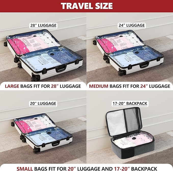 SUOCO Vacuum Storage Bags for Travel with Rechargeable Pump, 8 Small Compression Packing Seal Bags for Luggage Suitcase, Space Saver for Clothing and Clothes Travel