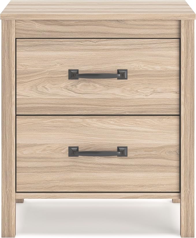 Signature Design by Ashley Battelle Mid-Century Modern Nightstand with Chevron Pattern, 2 Storage Drawers, Dark-Color Hardware, Wood, 24.5" High, Light Brown