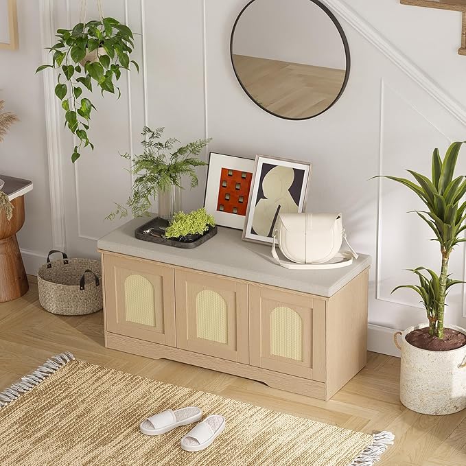 DINZI LVJ Shoe Bench, Entryway Storage Bench with Doors, Cushion, 2-Tier Shoe Rack with 6-Cubby, 39.4”L x 13.8”W Shoe Organizer Cabinet, Adjustable Shelf, Living Room, Bedroom, Natural with Rattan