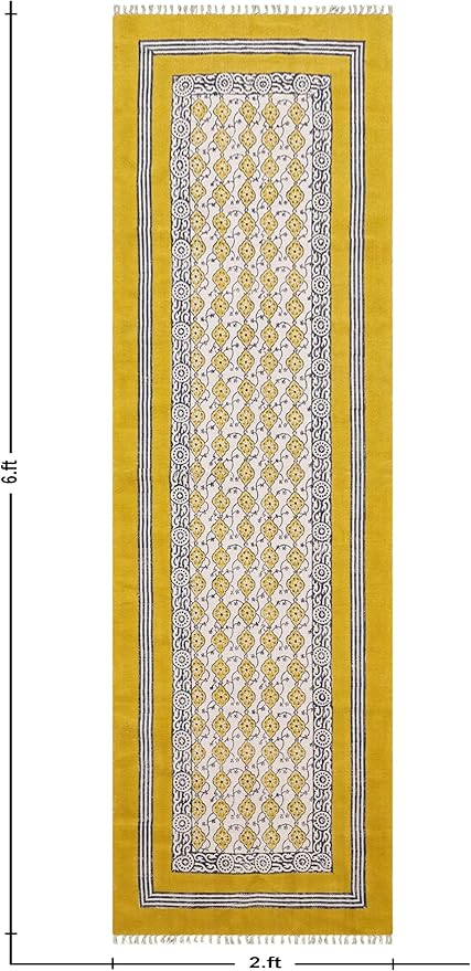 2x6 Hand Block Printed Cotton Runner Rug Yellow Beige Floral Design Thick 0.19" Boho Flatweave Handmade Carpet for Kitchen Entryway Bedside Yoga Room Indoor Outdoor Use
