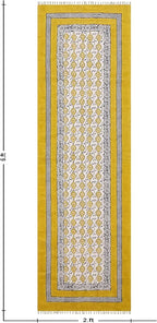 2x6 Hand Block Printed Cotton Runner Rug Yellow Beige Floral Design Thick 0.19" Boho Flatweave Handmade Carpet for Kitchen Entryway Bedside Yoga Room Indoor Outdoor Use