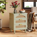 LITTLE TREE Rattan Nightstand, Mint Green End Table with 3 Drawers for Couch, Wooden Bedside Table for Living Room, Bedroom, Easy Assembly