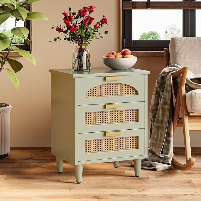 LITTLE TREE Rattan Nightstand, Mint Green End Table with 3 Drawers for Couch, Wooden Bedside Table for Living Room, Bedroom, Easy Assembly