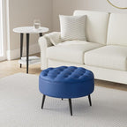 BIRDROCK HOME Tufted Round Ottoman - Velvet Footrest with Cushion and Mid-Century Modern Steel Legs - Ideal for Living Room, Bedroom, or Office Seating - Soft, Compact Decorative Footstool - Navy