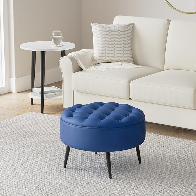 BIRDROCK HOME Tufted Round Ottoman - Velvet Footrest with Cushion and Mid-Century Modern Steel Legs - Ideal for Living Room, Bedroom, or Office Seating - Soft, Compact Decorative Footstool - Navy