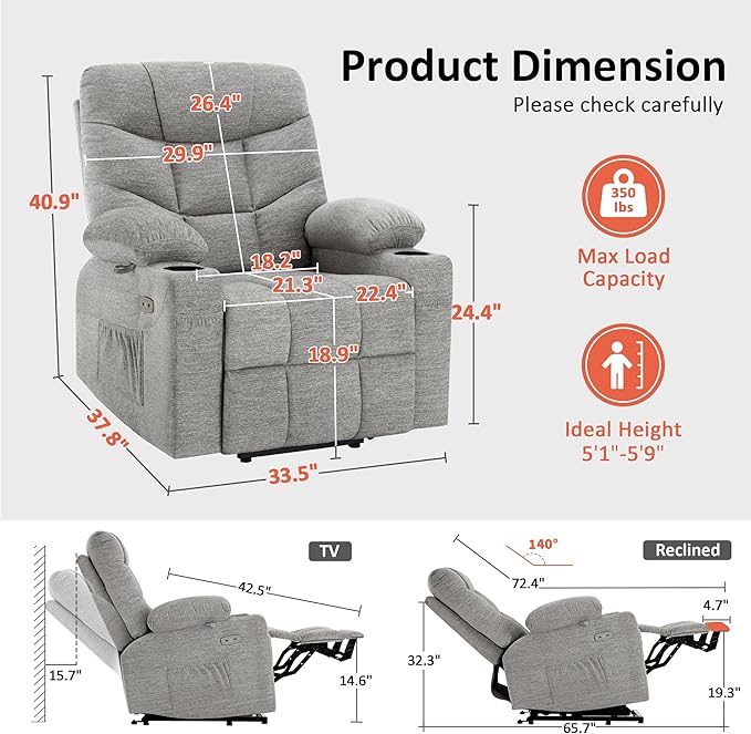 MCombo Power Lift Recliner Chair with Extended Footrest for Elderly People, Fabric 7287 (Light Grey, Medium)