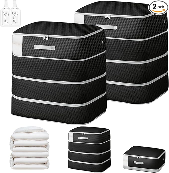 Comforter Storage Bag - 130L Large Capacity Blanket Storage Bags 4-Layer Ultra Space Saving Self Compression Organizer, Washable Compression Bags for Storage Comforter Blanket, 2-Pack, Black