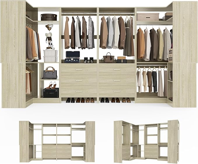 Aheaplus Closet System with 6 Drawers, 6 Hanging Rods & Corner Tower, Corner Closet System with Hanging, 112.5" U-Shaped Walk-In Wardrobe Organizer, 2000+ lbs Capacity, Set of 4, White Oak