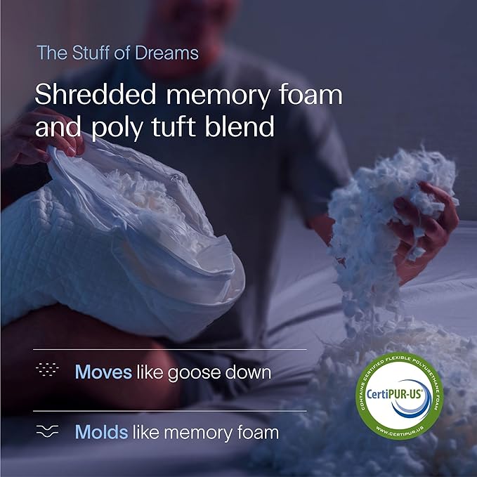 DreamyBlue Signature Pillow w/Adjustable Loft • Shredded Memory Foam Fill • Neutral Alignment for Side, Back, and Stomach Sleepers • Washable Bamboo Rayon Cover • CertiPUR-US Certified Foam (King)