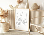 Holding Hands Wall Art Interlocking Fingers Continuous Line Drawing Love Connection 24x36 Inch Oak Wood Beige Framed Modern Romance Print for Bedroom