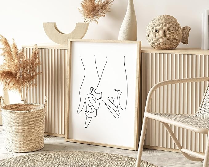 Y2K BOO Holding Hands UNFRAMED Wall Art Interlocking Fingers Continuous Line Drawing Love Connection 24x36 Inch Heavyweight Paper Studio Decor