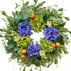 Spring Wreaths for Front Door 24 Inch, Summer Wreath Outdoor，Silk Hydrangea Wreath with White Blossoms & Mini Mandarins, Rustic Farmhouse Indoor & Outdoor Seasonal Wreath, Spring&Summer Home Decor