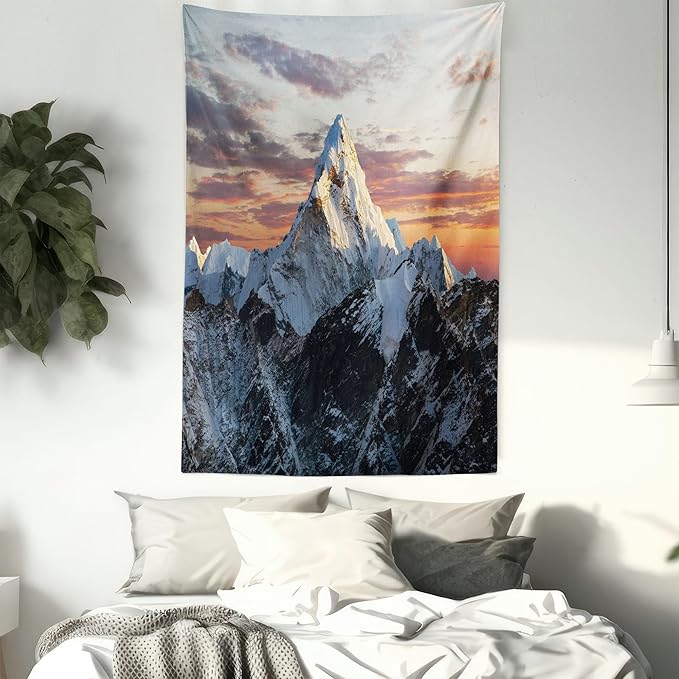 Ambesonne Mountain Tapestry, Evening South High Hill Above the Sky Colorful Nepal Everest Photo, Fabric Wall Hanging Decor for Bedroom Living Room Dorm, 23" X 28", Bluegrey Salmon