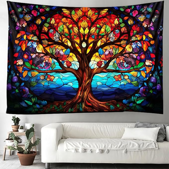 Tree of Life Wall Hanging Decor Tapestry with Stained Glass Colorful Wall Art Large Tapestry Mural Decor Photograph Backdrop Blanket Curtain Home Bedroom Living Room Decoration
