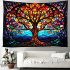 Tree of Life Wall Hanging Decor Tapestry with Stained Glass Colorful Wall Art Large Tapestry Mural Decor Photograph Backdrop Blanket Curtain Home Bedroom Living Room Decoration