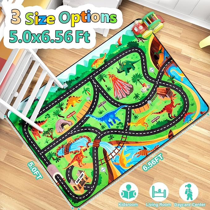 Kids Rug, Car Carpet for Kids' Toy Cars, 5x7 Ft Dinosaur Rug, Dino Safari Road Mat for Playroom, Educational Learning & Game Area Playmat Carpet for Children