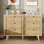 Elegant 6 Drawer Rattan Dresser, Boho Dresser Chest for Bedroom Hallway Living Room, White