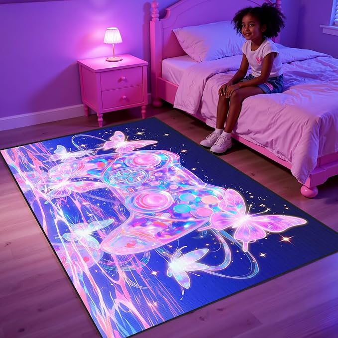 Dreamy Butterfly Rugs for Girls Room Gaming Rug 4x6 ft Gaming Room Decor Gamer Area Rug Non-Slip Gaming Floor Mat Purple-Pink Kids Carpet for Bedroom, Livingroom,Playroom & Apartment
