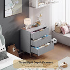 GarveeHome 3 Drawer Dresser for Bedroom, Fluted Modern Nightstand with Deep Drawers, Chest of Drawers with Wide Top, Wooden Dresser Organizer, Side Table for Living Room, Hallway, Kids Room, Grey