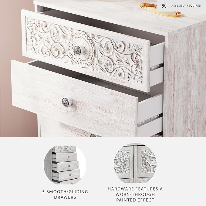 Signature Design by Ashley Paxberry Boho 5 Drawer Chest of Drawers, Whitewash