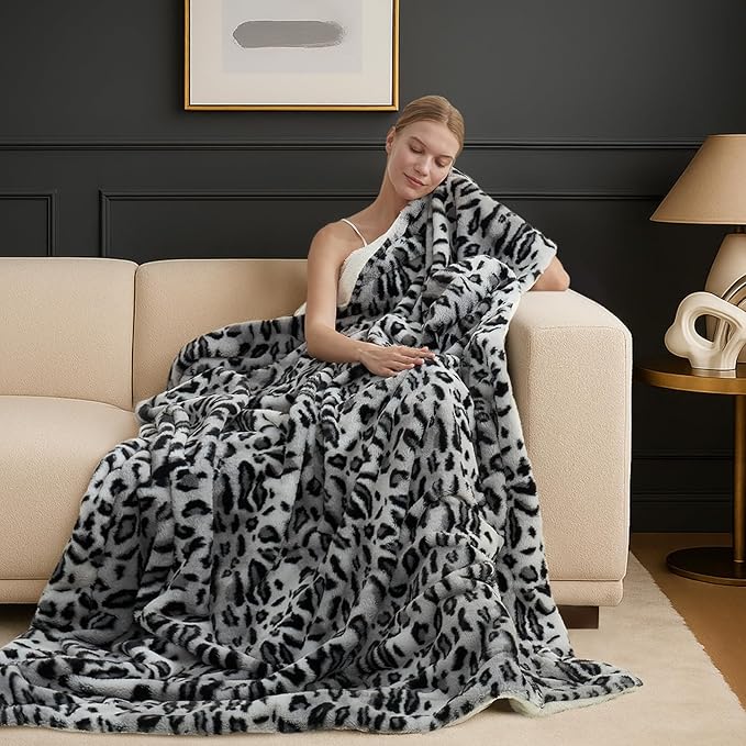 Cozy Bliss Luxury Faux Fur Throw Blanket Leopard Print, Non Shedding Double Sided Sherpa Blankets Super Soft Fluffy Thick Warm Throws Home Decor for Couch Bed Sofa Women,60"*80"Inches Snow Leopard