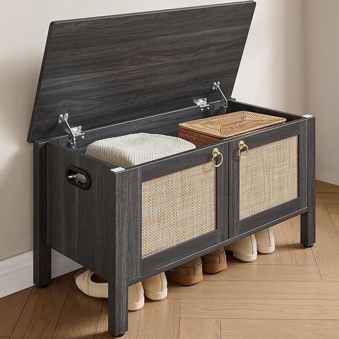 SICOTAS Shoe Rack Bench Entryway Bench with Lift Top Storage: Rattan Shoe Cabinet Bench with Safety Hinges, Farmhouse Boho Wooden Storage Chest for Bedroom, Entryway, Hallway, Living Room