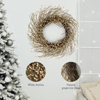 Artificial Twig Fall Front Door Wreath 24 Inch Autumn Cream Berry Wreath with Eucalyptus Leaves and Grapevine for Farmhouse Window Christmas Hanging Home Decor