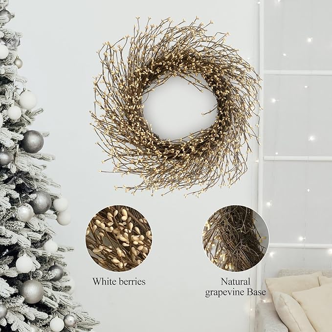 Artificial Twig Fall Front Door Wreath 24 Inch Autumn Cream Berry Wreath with Eucalyptus Leaves and Grapevine for Farmhouse Window Christmas Hanging Home Decor