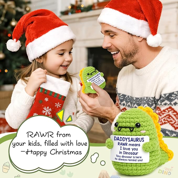OCCdesign Mini Dad Gifts for Christmas Funny Gifts for Dad from Daughter Son RAWR I Love You Daddy Cute Handmade Crochet Small Dinosaur for Daddy New Bonus Step Dads Father in Law