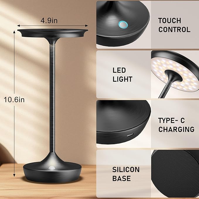 LED Cordless Table Lamps Rechargeable - Outdoor 6000mAh Battery Operated Portable Table Lights 3 Color Stepless Dimming Lamp with Memory Function for Patio Restaurant Dining 2 Pack Black
