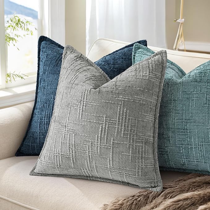 decorUhome Chenille Spring Throw Pillow Covers 18x18 Set of 2, Thick Textured Slubby Neutral Decorative Pillow Covers with Elegant Design for Couch, Sofa, Living Room, Teal