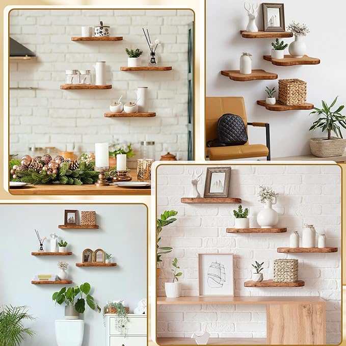 Pinkunn 4 Pcs Floating Shelves for Wall Wooden Live Edge Shelf Wall-Mounted Natural Solid Wood Bedroom Kitchen Storage Living Room Nursery Decor(4 Pcs,11.81/15.7 Inch)