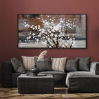 KLAKLA Wall Art for Living Room - White Plum Blossom Brown Trunk Natural Landscape Wall Decor Framed Picture Artwork for Wall Modern Paingings Extra Large Wall Art
