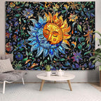 Accnicc Sun and Moon Tapestry Boho Hippie Floral Wall Tapestry for Bedroom Aesthetic Vintage Stained Glass Celestial Plant Small Tapestries Wall Hanging for Living Room Dorm 48 x 36 Inch