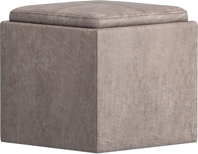SIMPLIHOME Rockwood Cube Storage Ottoman with Tray - 17 inch Wide Upholstered Vegan Leather Square Storage Ottoman in Distressed Grey Taupe, Contemporary Cube Ottoman for Living Room with Serving Tray