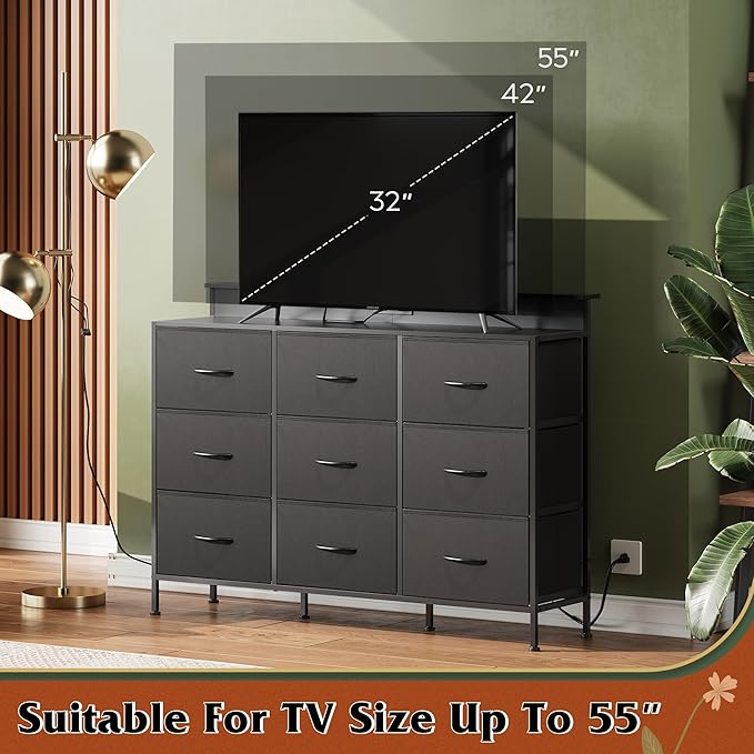 WLIVE Black Dresser TV Stand for 45, 50, 55 inch TV, Entertainment Center with LED Lights & Charging Station, Chest of drawers with 9 Fabric Drawers and Open Shelves for Living Room, Hallway, Wood Top