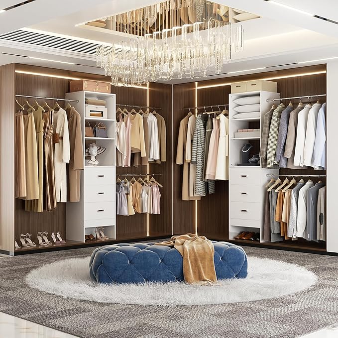 96'' Closet Organizer System with 3 Hanging Rods, 8FT Closet Organizers and Storage with 3 Wooden Drawers, Built in Closet Organizer Systems, Adjustable Walk-in Wardrobe from 5-8FT, White