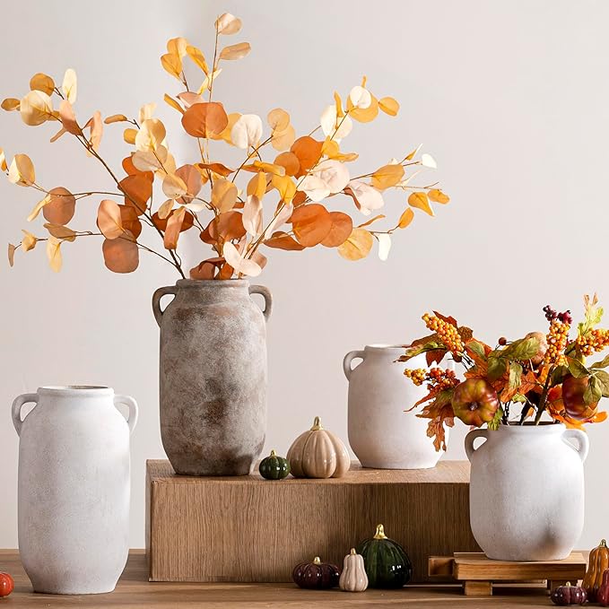 Ceramic Flower Vase Home Decor - 7.6 Inch Farmhouse Rustic White Table Vases with Handle Living Room Decoration Decorative Vintage Pottery for Kitchen Shelf Coffee Dining Desk Bookshelf Fireplace