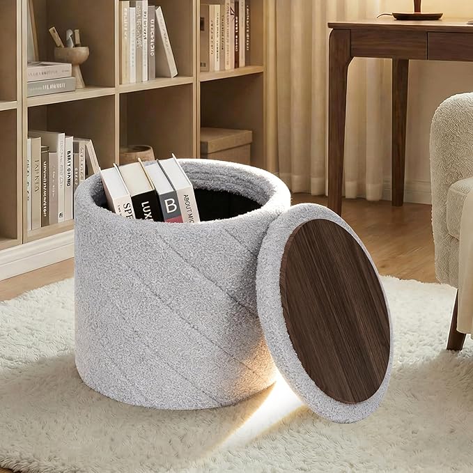 13" Foldable Boucle Round Storage Ottoman,Space-Saving Footrest/Seating/Coffee Table for Small Apartments,Dorms & Bedrooms-Grey